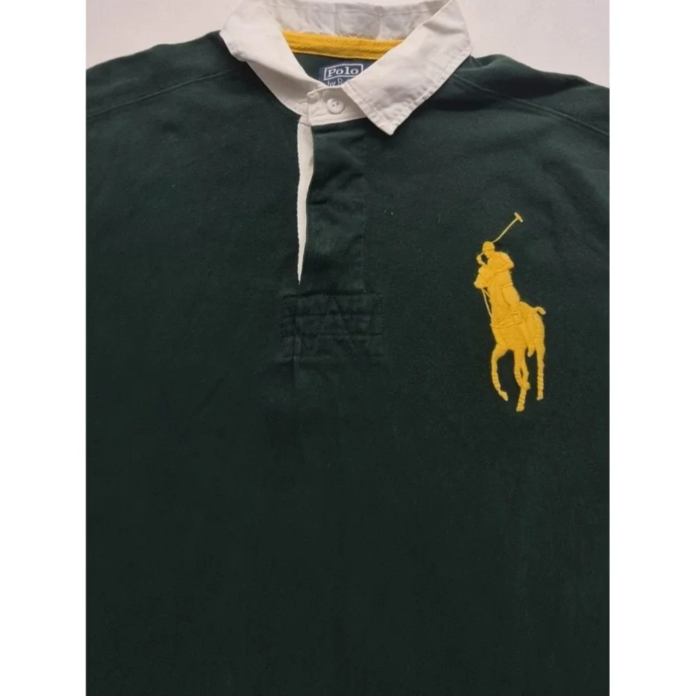 Polo Ralph Lauren men's green rugby shirt Yellow Big Pony Logo #2 LS Y2K‎ VTG